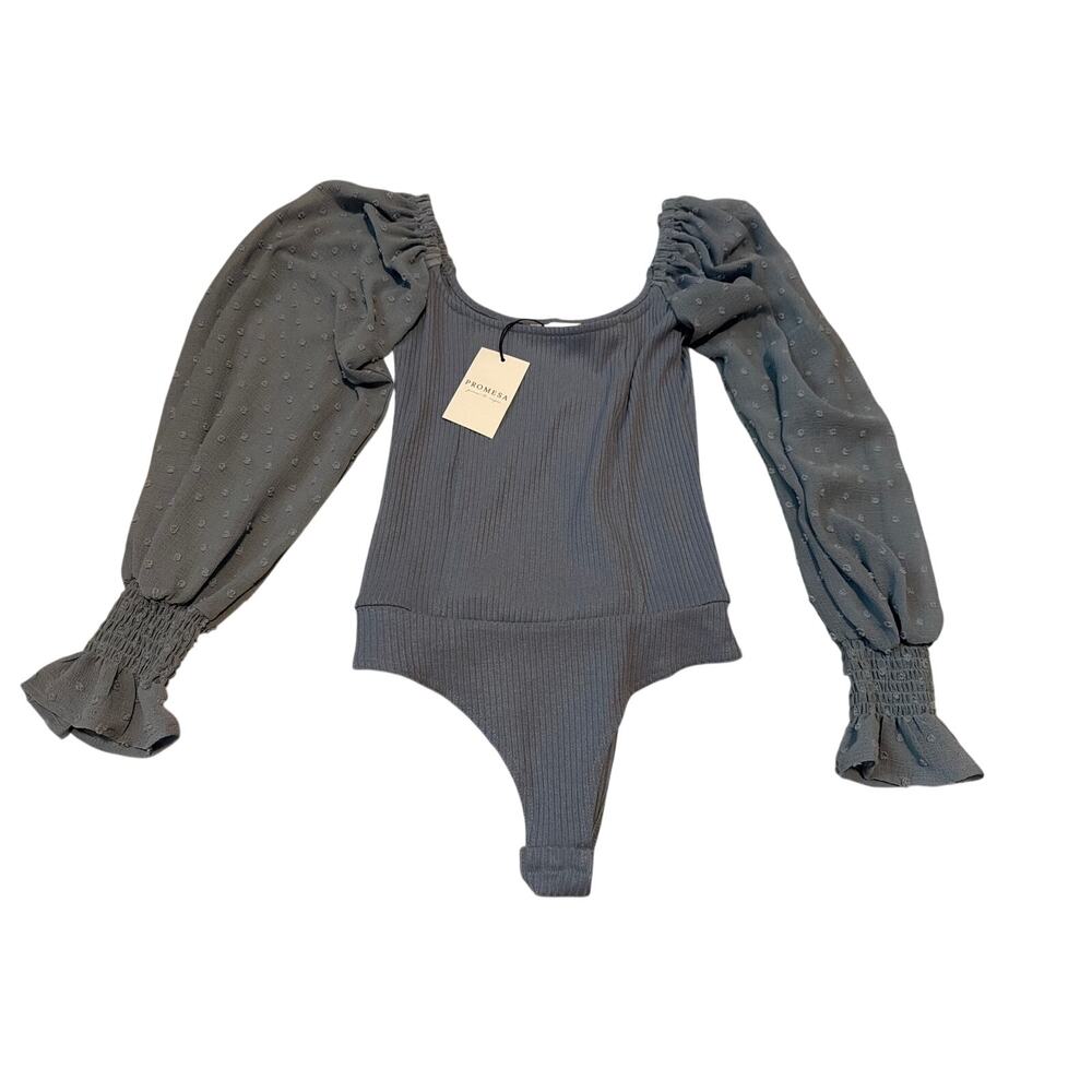 NWT Promesa Swiss Dot Ribbed Bodysuit Square Neck Sky Blue Small